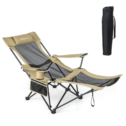 Professional title: "Khaki Camping Lounge Chair with Detachable Footrest and Adjustable Backrest"