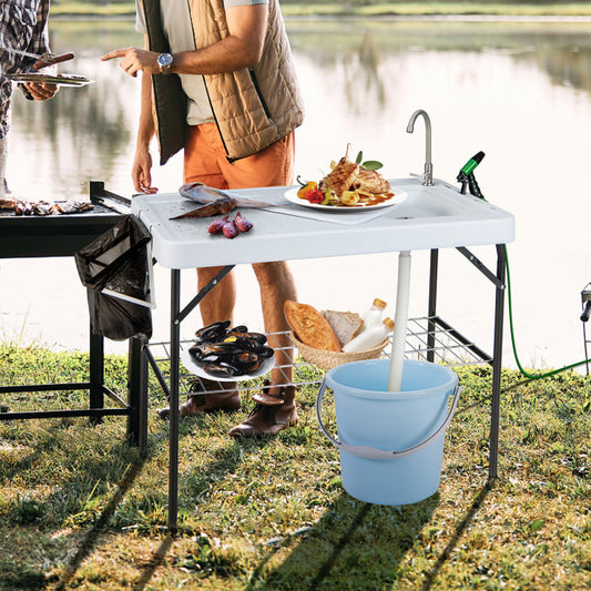 Professional title: "Portable Camping Fish Cleaning Table with Grid Rack and Faucet System"