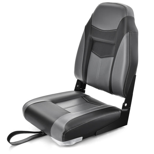 Professional title: "Single High Back Folding Boat Seat with Black Grey Sponge Cushion and Flexible Hinges"