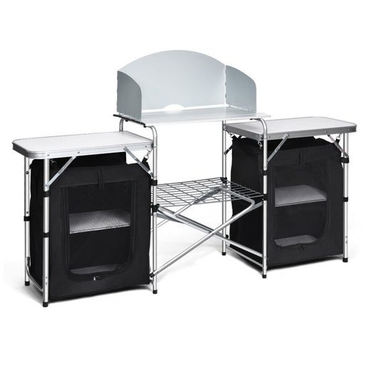 Professional title: ```Gray Folding Camping Table with Integrated Storage Organizer```