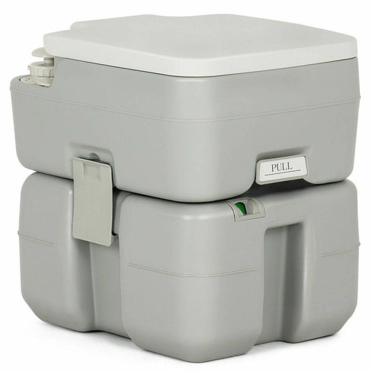 Professional title: "5.3 Gallon Portable Travel Toilet with Piston Pump Flush System"