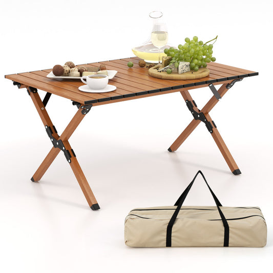 Professional title: "Portable Aluminum Camping Table with Wood Grain Finish"
