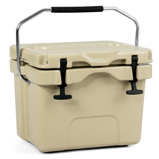 Professional title: "Portable Insulated Ice Cooler with 16 Quart Capacity, 24-Can Storage, and 2 Cup Holders in Khaki"