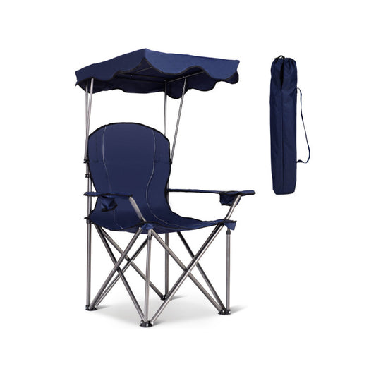 Professional title: ```Blue Portable Folding Beach Chair with Canopy and Cup Holders```