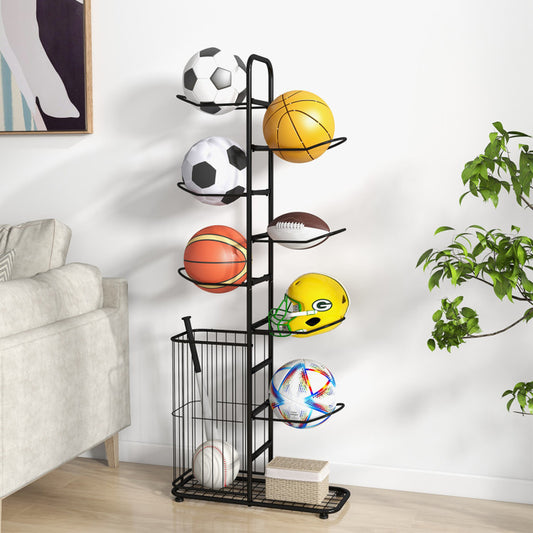 Metal Basketball Holder with 7 Removable Hanging Rods and Side Ball Basket