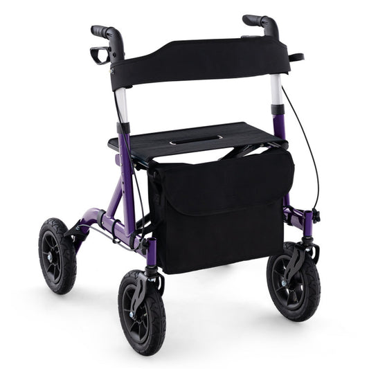 Adjustable Rollator Walker with Seat for Seniors in Purple, Foldable and Height-Adjustable