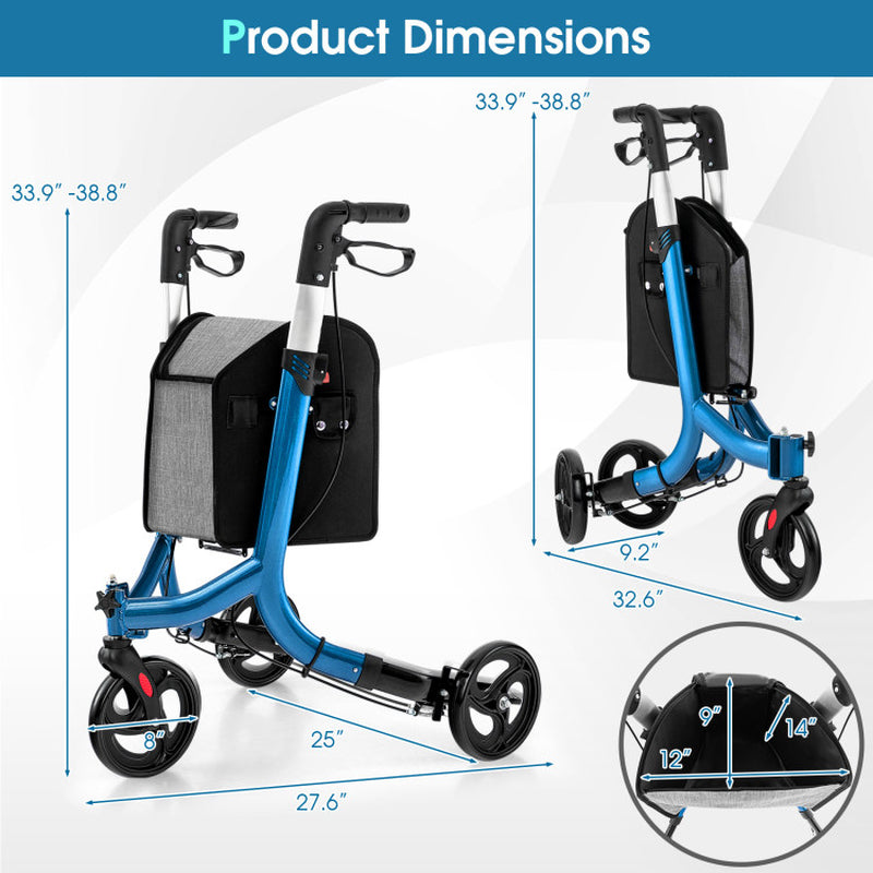 Adjustable Handle 3-Wheel Rolling Walker in Black